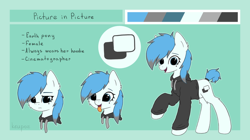 Size: 2560x1440 | Tagged: safe, artist:keupoz, derpibooru import, oc, oc:picture in picture, unofficial characters only, earth pony, pony, beauty mark, clothes, commission, earth pony oc, female, hoodie, mare, reference sheet, simple background, tail wrap, text, tongue out