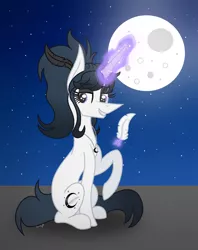 Size: 1060x1340 | Tagged: safe, artist:darbypop1, derpibooru import, oc, oc:raven, pony, unicorn, feather, female, maigc, mare, moon, solo