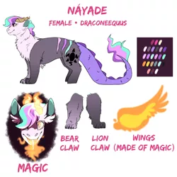 Size: 3000x3000 | Tagged: artificial wings, artist:glitterstar2000, augmented, derpibooru import, draconequus, draconequus oc, female, fire, hybrid, interspecies offspring, magic, magic wings, oc, oc:nayade, offspring, parent:discord, parent:princess celestia, parents:dislestia, reference sheet, safe, simple background, solo, unofficial characters only, white background, wings