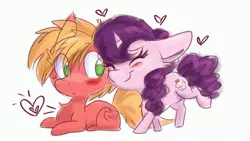 Size: 3840x2160 | Tagged: safe, artist:littleblackraencloud, derpibooru import, big macintosh, sugar belle, earth pony, pony, unicorn, blushing, chibi, cute, eyes closed, female, heart, heartbeat, love, macabetes, male, mare, shipping, smiling, stallion, straight, sugarbetes, sugarmac