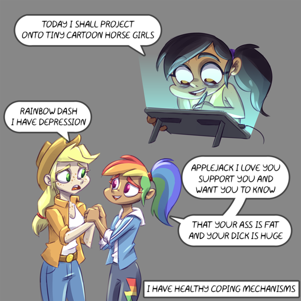 Size: 1000x1000 | Tagged: suggestive, artist:rawrienstein, derpibooru import, applejack, rainbow dash, oc, human, equestria girls, applebutt, appledash, artist, bags under eyes, breasts, butt, dark skin, depression, dialogue, drawing, drawing tablet, female, freckles, gray background, holding hands, human coloration, human oc, implied futa, implied transgender, lesbian, looking at each other, mouthpiece, open mouth, ponytail, projection, shipping, simple background, smiling, speech bubble, stylus, support, vulgar