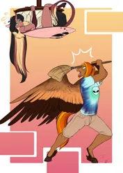 Size: 2865x4051 | Tagged: safe, artist:blackblood-queen, derpibooru import, oc, oc:daniel dasher, oc:singe, unofficial characters only, anthro, changeling, dracony, dragon, hybrid, pegasus, pony, unguligrade anthro, alternate universe, angry, broom, brown changeling, changeling oc, chitin, clothes, digital art, flexible chitin, gay, hanging, male, oc x oc, pegasus oc, shipping, wings