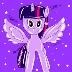 Size: 1536x1536 | Tagged: safe, artist:usadude, derpibooru import, twilight sparkle, twilight sparkle (alicorn), alicorn, original species, pony, rubber pony, cute, female, glossy, mare, onomatopoeia, purple background, rubber, shiny, simple background, solo, spread wings, stars, wings