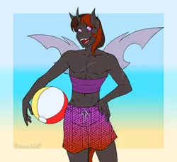 Size: 3400x3100 | Tagged: anthro, anthro oc, artist:hasana-chan, beach ball, changeling, changeling oc, clothes, commission, derpibooru import, digital art, fangs, gift art, gradient background, happy, male, oc, oc:onyx dust, open mouth, partial nudity, purple changeling, safe, scar, smiling, solo, swimming trunks, topless, unofficial characters only