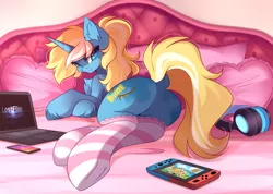 Size: 4500x3207 | Tagged: suggestive, artist:airiniblock, derpibooru import, oc, oc:maple parapet, unofficial characters only, pony, unicorn, animal crossing, bed, butt, clothes, commission, computer, female, headphones, horn, laptop computer, mare, nintendo switch, phone, pillow, plot, rcf community, socks, solo, striped socks, unicorn oc, ych result