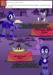 Size: 1148x1602 | Tagged: safe, artist:ladyanidraws, derpibooru import, doctor whooves, time turner, oc, oc:pun, earth pony, pegasus, pony, ask discorded whooves, ask pun, agent 707, ask, butter, comic, discord whooves, eating, female, food, male, mare, night guard, race swap, stallion, that pony sure does love butter