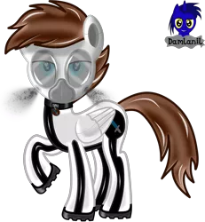 Size: 3840x4154 | Tagged: safe, artist:damlanil, derpibooru import, oc, oc:viper, unofficial characters only, pegasus, pony, boots, clothes, collar, commission, cutie mark collar, gas mask, hazmat pony drone, heart, heart eyes, high res, latex, looking at you, male, mask, raised hoof, rubber, rubber drone, shiny, shiny mane, shoes, simple background, solo, stallion, transformation, transparent background, vector, wingding eyes, wings