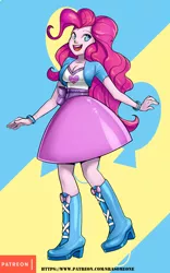Size: 531x850 | Tagged: safe, artist:srasomeone, derpibooru import, pinkie pie, equestria girls, boots, breasts, busty pinkie pie, cleavage, clothes, female, open mouth, shoes, skirt, solo