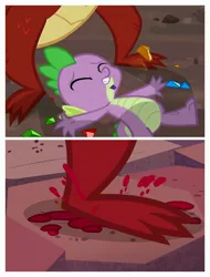 Size: 3106x4096 | Tagged: semi-grimdark, derpibooru import, edit, edited screencap, screencap, garble, spike, dragon, abuse, duo, funny, go to sleep garble, male, murder, op is a duck, op is trying to start shit, shitposting, spikeabuse, squashed