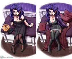 Size: 3800x3120 | Tagged: alcohol, artist:king-kakapo, big breasts, big titty goth gf, bracelet, breasts, busty rarity, choker, cleavage, clothes, curvy, derpibooru import, dress, edit, female, high heels, hourglass figure, human, humanized, jewelry, lingerie, looking at you, looking up, martini, nightgown, pantyhose, pillow, rarity, ribbon, shoes, socks, solo, solo female, stockings, suggestive, thigh highs, zettai ryouiki