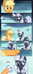 Size: 1919x4225 | Tagged: safe, artist:estories, derpibooru import, applejack, oc, oc:silverlay, earth pony, pony, unicorn, comic:a(pple)ffection, angry, bracelet, canon x oc, comic, female, implied shipping, jewelry, lesbian, mare, show accurate, smiling, vector, yelling