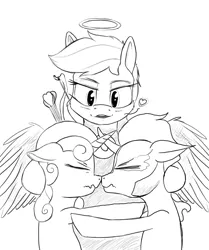 Size: 1228x1472 | Tagged: safe, artist:dacaoo, derpibooru import, king sombra, rainbow dash, sweetie belle, pegasus, pony, unicorn, angel, boop, eyes closed, halo, holiday, horn, horns are touching, monochrome, noseboop, now kiss, tsundere, valentine, valentine's day