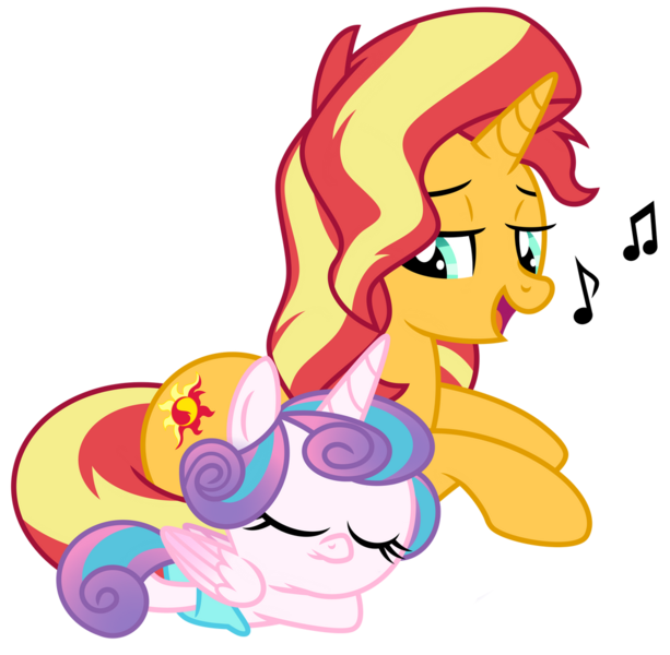 Size: 1024x1002 | Tagged: safe, artist:emeraldblast63, derpibooru import, princess flurry heart, sunset shimmer, auntie sunset, cute, flurrybetes, lullaby, music notes, prone, simple background, singing, sleeping, transparent background