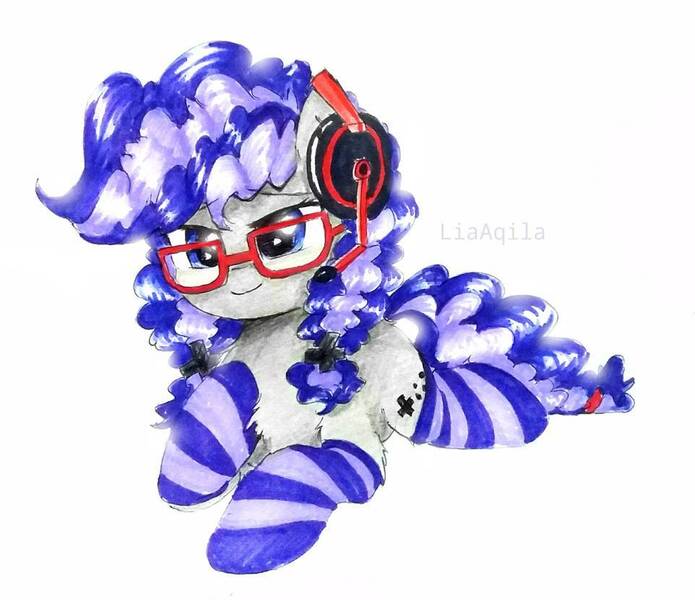 Size: 962x831 | Tagged: safe, artist:liaaqila, derpibooru import, oc, oc:cinnabyte, unofficial characters only, adorkable, clothes, commission, cute, dork, gaming headset, headphones, headset, pigtails, socks, solo, striped socks