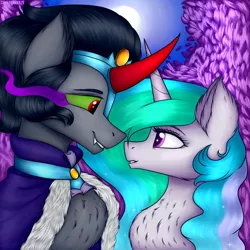 Size: 3000x3000 | Tagged: safe, artist:darklight1315, derpibooru import, idw, king sombra, princess celestia, alicorn, unicorn, celestibra, chest fluff, colored horn, curved horn, eye contact, female, former good king sombra, good king sombra, horn, looking at each other, male, moon, shipping, sombra eyes, sombra horn, sombra's cape, straight