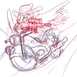Size: 2000x2000 | Tagged: safe, artist:lightgraphicsdraws, derpibooru import, gryphon, gun, hat, high res, motorcycle, shooting, sketch, solo, spread wings, weapon, wings, wip