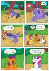 Size: 2340x3400 | Tagged: safe, artist:emperornortonii, derpibooru import, apple bloom, scootaloo, sweetie belle, twilight sparkle, alicorn, comic:rarity's rainbelch, comic page, deviantart, traditional art, twilight sparkle (alicorn)