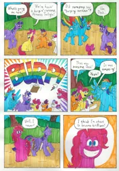 Size: 2368x3392 | Tagged: safe, artist:emperornortonii, derpibooru import, apple bloom, pinkie pie, rainbow dash, scootaloo, sweetie belle, twilight sparkle, alicorn, comic:rarity's rainbelch, burping contest, comic page, deviantart, traditional art, twilight sparkle (alicorn)