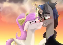 Size: 700x500 | Tagged: artist needed, safe, derpibooru import, king sombra, princess celestia, alicorn, unicorn, alternate hairstyle, blushing, celestibra, eye contact, female, good king sombra, heart, horn, horns are touching, lidded eyes, looking at each other, magic, male, pink-mane celestia, ponytail, shipping, smiling, straight, young celestia, young sombra, younger