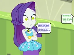 Size: 801x598 | Tagged: safe, derpibooru import, edit, edited screencap, editor:thomasfan45, screencap, rarity, human, equestria girls, equestria girls series, sock it to me, spoiler:eqg series (season 2), 1000 hours in ms paint, arms folded, bare arms, blouse, bracelet, brainwashed, canterlot high, clothes, cute, description is relevant, female, hallway, happy, hypnosis, implied sweetie belle, jewelry, lockers, mind control, necklace, obedience, offscreen character, pendant, request, servant, skirt, smiling, solo, speech bubble, story included