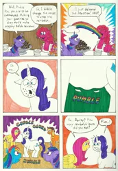 Size: 2340x3408 | Tagged: alicorn, applejack, artist:emperornortonii, comic page, comic:rarity's rainbelch, derpibooru import, fluttershy, marker drawing, pinkie pie, rarity, safe, traditional art, twilight sparkle, twilight sparkle (alicorn)