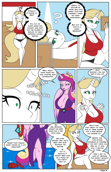 Size: 792x1224 | Tagged: suggestive, artist:dekomaru, derpibooru import, princess cadance, queen chrysalis, anthro, unguligrade anthro, comic:the hot room 3, breasts, busty princess cadance, busty queen chrysalis, cleavage, clothes, comic, disguise, disguised changeling, dress, duo, duo female, female, reversalis, side slit, undressing