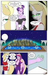 Size: 792x1224 | Tagged: suggestive, artist:dekomaru, derpibooru import, princess cadance, queen chrysalis, anthro, unguligrade anthro, comic:the hot room 3, breasts, busty princess cadance, busty queen chrysalis, changing room, clothes, comic, disguise, disguised changeling, female, maid, reversalis, swimming pool