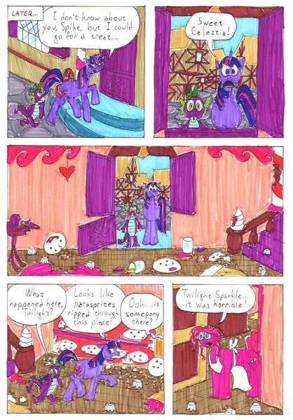 Size: 794x1140 | Tagged: safe, artist:emperornortonii, derpibooru import, pinkie pie, spike, twilight sparkle, dragon, earth pony, pony, unicorn, comic:of ponies and brownies, comic, comic page, deviantart, sugarcube corner, traditional art, unicorn twilight