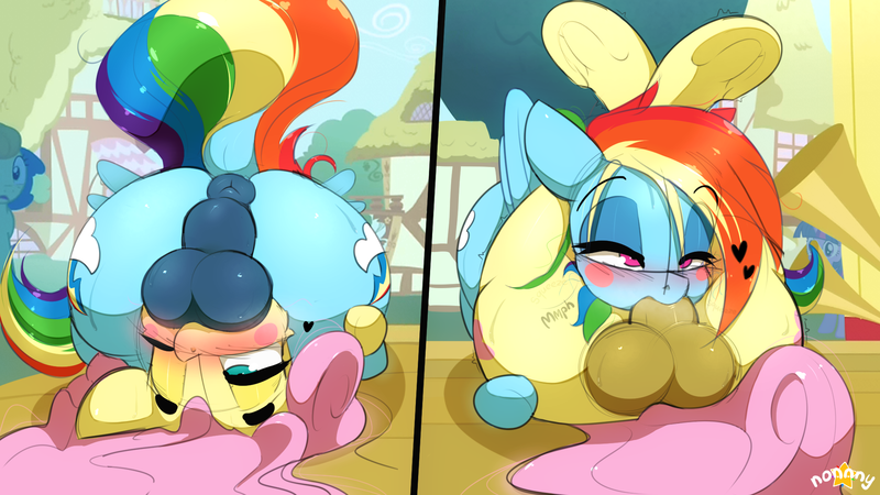Size: 2064x1161 | Tagged: explicit, artist:n0nnny, derpibooru import, fluttershy, rainbow dash, twilight sparkle, pegasus, pony, 69 position, anus, ass, balls, balls deep, bedroom eyes, blowjob, blush sticker, blushing, blushing profusely, both cutie marks, butt, dickgirl, dock, exhibitionism, female, flutterbutt, flutterdash, futa, futa fluttershy, futa on futa, futa rainbow dash, heart, horsecock, house, houses, image, in public, intersex, intersex on intersex, leg lock, lesbian, lidded eyes, mare, messy mane, musical instrument, nudity, one eye closed, oral, outdoor sex, outdoors, penis, plot, png, ponut, public nudity, public sex, rainbutt dash, raised tail, sex, shipping, sweat, tail, tail aside, town, tree, trumpet, underhoof
