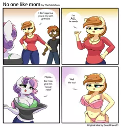 Size: 2368x2500 | Tagged: suggestive, artist:thecoldsbarn, derpibooru import, button mash, sweetie belle, oc, oc:cream heart, anthro, earth pony, pony, unicorn, areola, areola slip, bad parenting, bedroom eyes, belly button, big breasts, blushing, bra, bra strap, breasts, busty cream heart, busty sweetie belle, cleavage, clothes, comic, dialogue, eyes on the prize, eyeshadow, female, funny, funny porn, girlfriend, green underwear, high res, imminent threesome, implied buttoncest, implied incest, lingerie, makeup, male, milf, mother and child, mother and son, panties, pink underwear, redraw, shipping, shirt, shirt pull, straight, sweetiemash, underwear, undressing