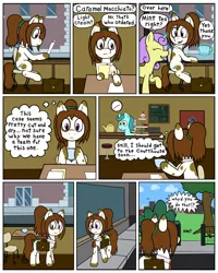 Size: 2400x3000 | Tagged: safe, artist:scraggleman, derpibooru import, oc, oc:caramel macchiato, unofficial characters only, earth pony, unicorn, briefcase, coffee shop, comic, mug, necktie, pinto, ponytail