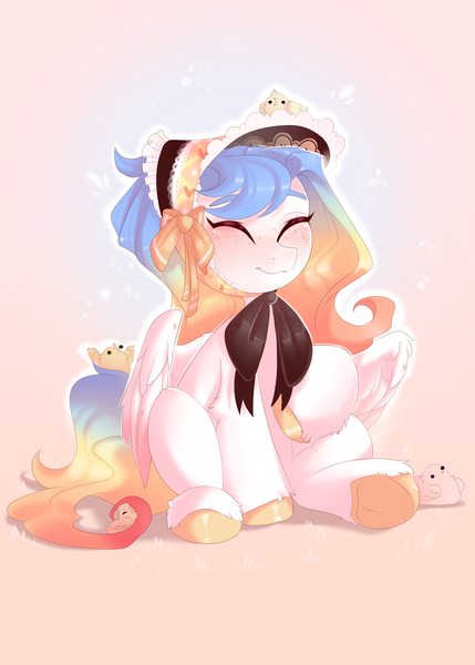 Size: 2500x3500 | Tagged: safe, artist:kebchach, derpibooru import, oc, unofficial characters only, pegasus, pony, bonnet, chick, eyes closed, freckles, raised hoof, sitting, smiling, solo