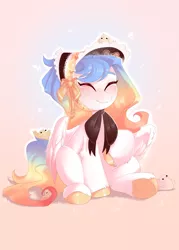 Size: 2500x3500 | Tagged: safe, artist:kebchach, derpibooru import, oc, unofficial characters only, pegasus, pony, bonnet, chick, eyes closed, freckles, raised hoof, sitting, smiling, solo