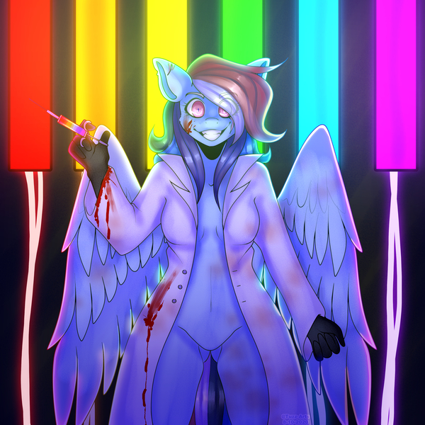 Size: 3300x3300 | Tagged: questionable, semi-grimdark, artist:tuzz-arts, derpibooru import, rainbow dash, anthro, pegasus, fanfic:rainbow factory, blood, breasts, clothes, coat, featureless crotch, female, gloves, lab coat, multicolored hair, needle, nudity, rainbow factory dash, simple background, solo, solo female