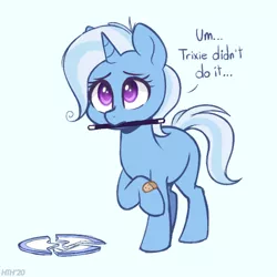 Size: 600x600 | Tagged: safe, artist:higgly-chan, derpibooru import, trixie, pony, unicorn, bandaid, blank flank, blatant lies, broken, cute, daaaaaaaaaaaw, diatrixes, female, filly, filly trixie, lies, magic wand, mouth hold, plate, raised hoof, simple background, solo, third person, white background, younger