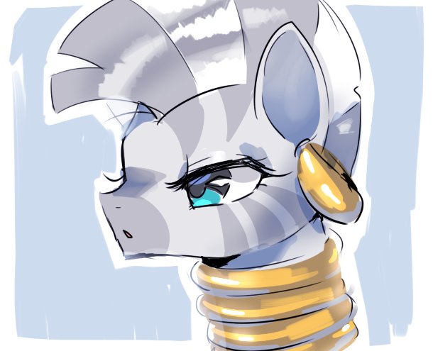 Size: 610x495 | Tagged: safe, artist:araraginatsuki, derpibooru import, zecora, zebra, bust, ear piercing, earring, female, jewelry, piercing, portrait, solo