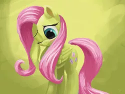 Size: 4000x3000 | Tagged: safe, artist:flusanix, derpibooru import, fluttershy, pegasus, pony, blushing, cute, female, high res, mare, one eye closed, shyabetes, simple background, solo, yellow background