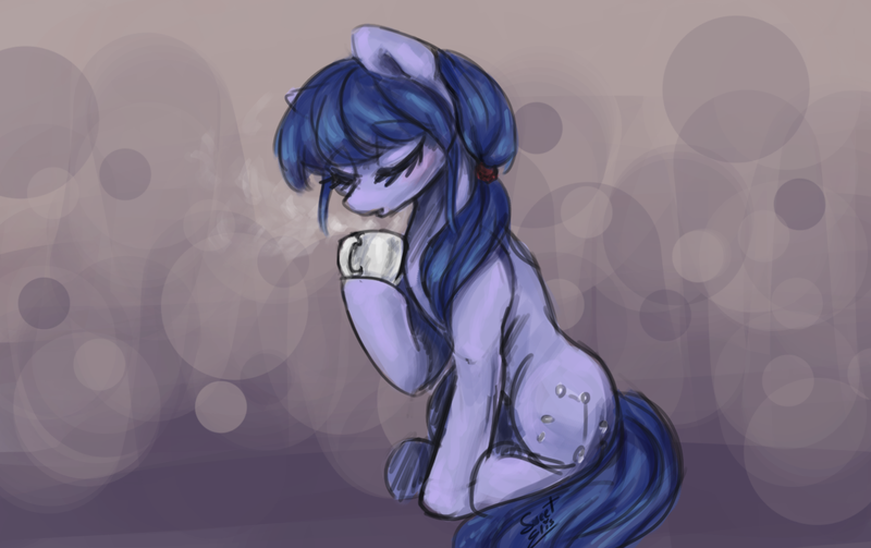 Size: 1440x906 | Tagged: safe, artist:elisdoominika, derpibooru import, oc, oc:cosmia nebula, unofficial characters only, earth pony, pony, bangs, eyes closed, food, mug, ponytail, sitting, solo, steam, tea