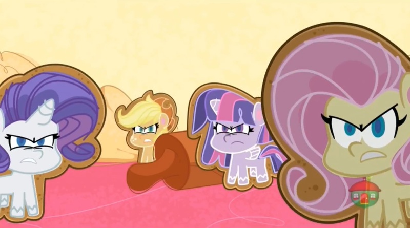 Size: 1665x927 | Tagged: safe, derpibooru import, screencap, applejack, fluttershy, rarity, twilight sparkle, ponified, cookie pony, food pony, original species, pony, i cookie, my little pony: pony life, spoiler:pony life s01e16, spoiler:pony life s01e25, angry, cookie, food, rolling pin, treehouse logo