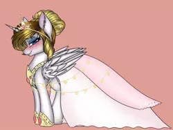 Size: 1620x1215 | Tagged: safe, artist:pearl123_art, derpibooru import, oc, unofficial characters only, alicorn, pony, alicorn oc, blushing, clothes, dress, female, hoof shoes, horn, jewelry, mare, peytral, pink background, simple background, smiling, solo, tiara, wedding dress, wings