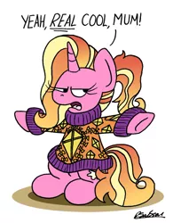 Size: 1024x1313 | Tagged: safe, artist:bobthedalek, derpibooru import, luster dawn, starlight glimmer, pony, unicorn, clothes, female, implied starlight glimmer, kite, luster dawn is not amused, mothers gonna mother, sarcasm, sarcastic, solo, sweater, that pony sure does love kites, unamused