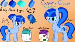 Size: 1920x1080 | Tagged: suggestive, artist:spritepony, derpibooru import, oc, oc:sapphire gleam, unofficial characters only, pony, unicorn, age difference, diaper, diaper fetish, fetish, non-baby in diaper, older, reference sheet, solo, younger