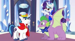 Size: 1280x712 | Tagged: safe, artist:aleximusprime, artist:disneymarvel96, artist:luckreza8, artist:sollace, derpibooru import, rarity, shining armor, spike, dragon, unicorn, adult, adult spike, bowtie, brooch, cape, chubby spike, clothes, crown, crystal empire, ear piercing, fat spike, female, fierce, glasses, jealous, jealous spike, jewelry, male, older, older spike, piercing, quadrupedal spike, regalia, scared, shipping, sparity, straight, winged spike