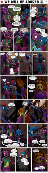 Size: 1004x3615 | Tagged: questionable, artist:stellarator, derpibooru import, adagio dazzle, aria blaze, sonata dusk, oc, oc:smoothie, anthro, unguligrade anthro, comic:we will be adored, comic:we will be adored part 4, 3d, alleyway, band shirt, bedroom eyes, blender, breasts, butt grab, butt touch, canon x oc, cycles, disguise, disguised siren, grope, lidded eyes, looking at each other, looking at you, not sfm, smoonata, speakers, the dazzlings