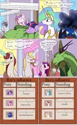 Size: 2562x4136 | Tagged: safe, artist:omutant2, artist:professor-ponyarity, derpibooru import, princess cadance, princess celestia, princess luna, twilight sparkle, twilight sparkle (alicorn), oc, oc:bonniecorn, oc:fausticorn, oc:rye, alicorn, bat pony, dragon, pony, tumblr:ask rye dimar dragon, camera, facehoof, magic