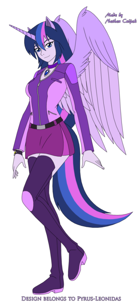 Size: 1361x2934 | Tagged: safe, artist:pyrus-leonidas, derpibooru import, oc, oc:silvia sentry, unofficial characters only, human, alicorn humanization, belt, boots, breasts, choker, clothes, female, horn, horned humanization, humanized, jacket, jewelry, multicolored hair, necklace, offspring, parent:flash sentry, parents:flashlight, parent:twilight sparkle, pony coloring, shoes, simple background, skirt, solo, thigh boots, transparent background, watch, winged humanization, wings, wristwatch