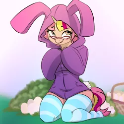 Size: 1000x1000 | Tagged: anthro, artist:kennzeichen, bunny hood, clothes, commission, derpibooru import, female, glasses, hoodie, oc, oversized clothes, safe, socks, solo, stockings, striped socks, thigh highs, unofficial characters only, your character here