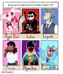 Size: 1080x1263 | Tagged: safe, artist:tixsia, derpibooru import, rainbow dash, human, pegasus, pony, wolf, six fanarts, angel dust, anthro with ponies, beastars, bone, bowtie, bust, clothes, connie maheswaran, crossover, d:, dark skin, female, hazbin hotel, heterochromia, legosi (beastars), looking up, male, mare, necktie, open mouth, sans (undertale), scythe, skeleton, smiling, spread wings, steven universe, undertale, wings