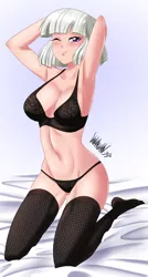Size: 2203x4098 | Tagged: suggestive, artist:danmakuman, derpibooru import, photo finish, human, absolute cleavage, absurd resolution, armpits, belly button, big breasts, black bra, black panties, black underwear, bra, breasts, busty photo finish, cleavage, clothes, female, human coloration, humanized, lingerie, looking at you, one eye closed, panties, smiling, socks, solo, solo female, stocking feet, stockings, stupid sexy photo finish, thigh highs, underwear, wink