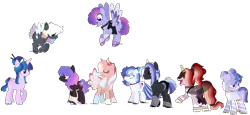 Size: 2224x1022 | Tagged: safe, artist:fuxebuxe, derpibooru import, rainbow dash, twilight sparkle, oc, oc:double rainbow, oc:dreary dreamer, oc:glistening sangria, oc:light speed, oc:prince hypnos, oc:prince sunspot, oc:rose chardonnay, alicorn, earth pony, pegasus, pony, unicorn, base used, family, female, group, lesbian, magical lesbian spawn, next generation, offspring, parent:rainbow dash, parent:twilight sparkle, parents:twidash, peacock feathers, redesign, shipping, simple background, transparent background, twidash